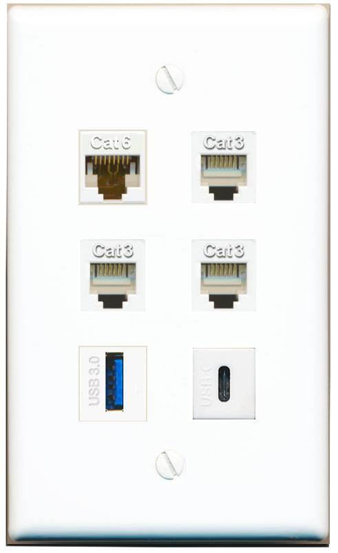  CAT6 3 PHONE USB-3 USBC Flat/Solid Wall Plate [White]