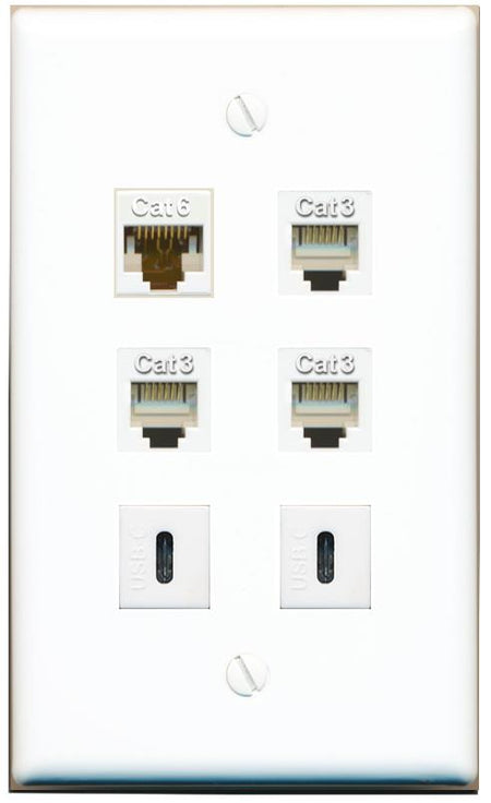  CAT6 3 PHONE 2 USBC Flat/Solid Wall Plate [White]