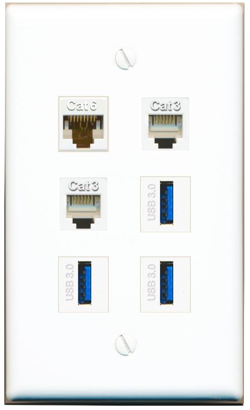  CAT6 2 PHONE 3 USB-3 Flat/Solid Wall Plate [White]