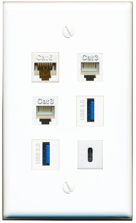  CAT6 2 PHONE 2 USB-3 USBC Flat/Solid Wall Plate [White]