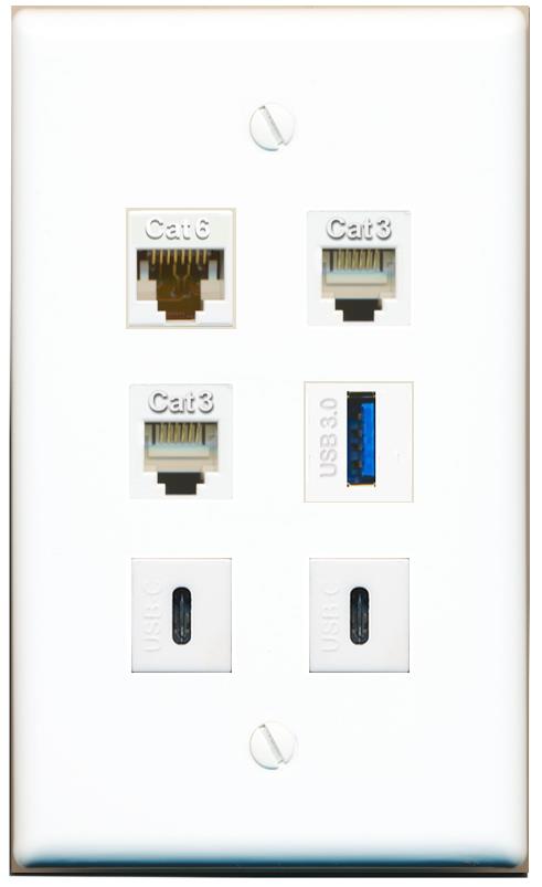  CAT6 2 PHONE USB-3 2 USBC Flat/Solid Wall Plate [White]