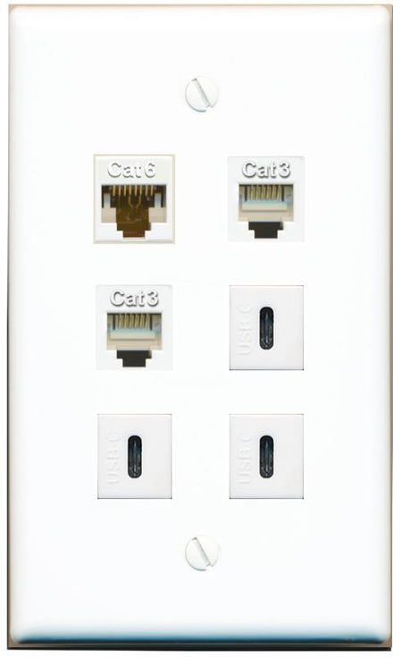  CAT6 2 PHONE 3 USBC Flat/Solid Wall Plate [White]