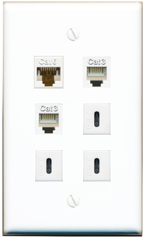  CAT6 2 PHONE 3 USBC Flat/Solid Wall Plate [White]