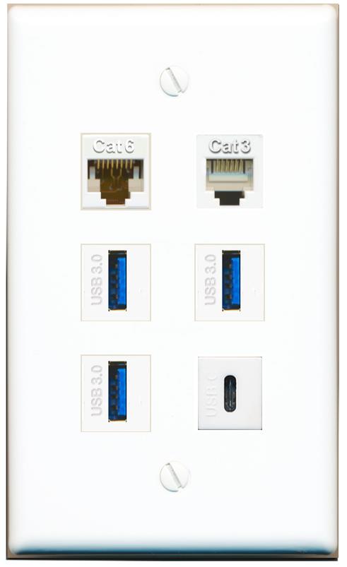  CAT6 PHONE 3 USB-3 USBC Flat/Solid Wall Plate [White]
