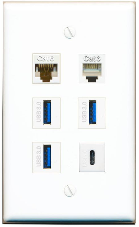  CAT6 PHONE 3 USB-3 USBC Flat/Solid Wall Plate [White]