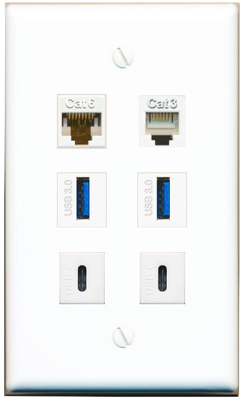  CAT6 PHONE 2 USB-3 2 USBC Flat/Solid Wall Plate [White]