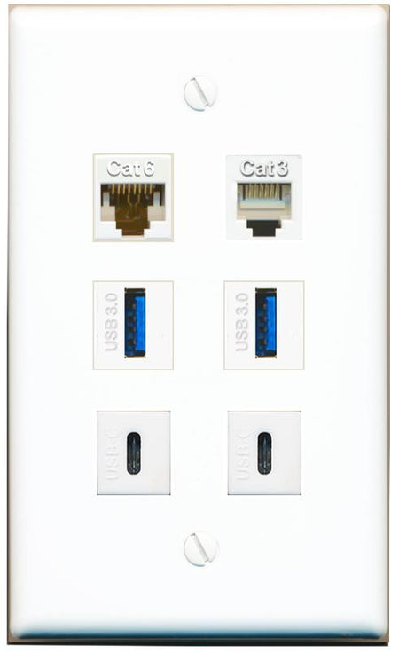  CAT6 PHONE 2 USB-3 2 USBC Flat/Solid Wall Plate [White]