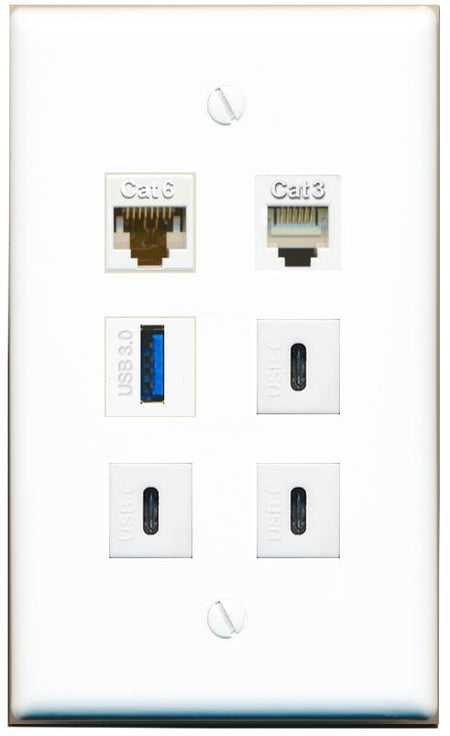  CAT6 PHONE USB-3 3 USBC Flat/Solid Wall Plate [White]