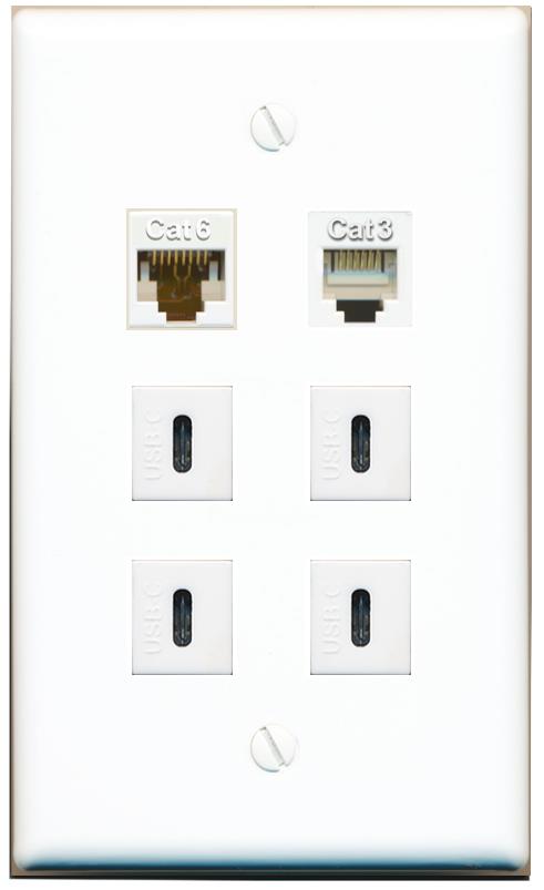  CAT6 PHONE 4 USBC Flat/Solid Wall Plate [White]