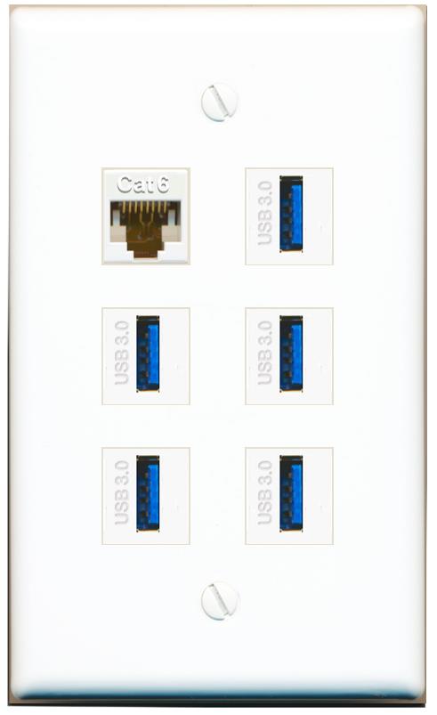  CAT6 5 USB-3 Flat/Solid Wall Plate [White]