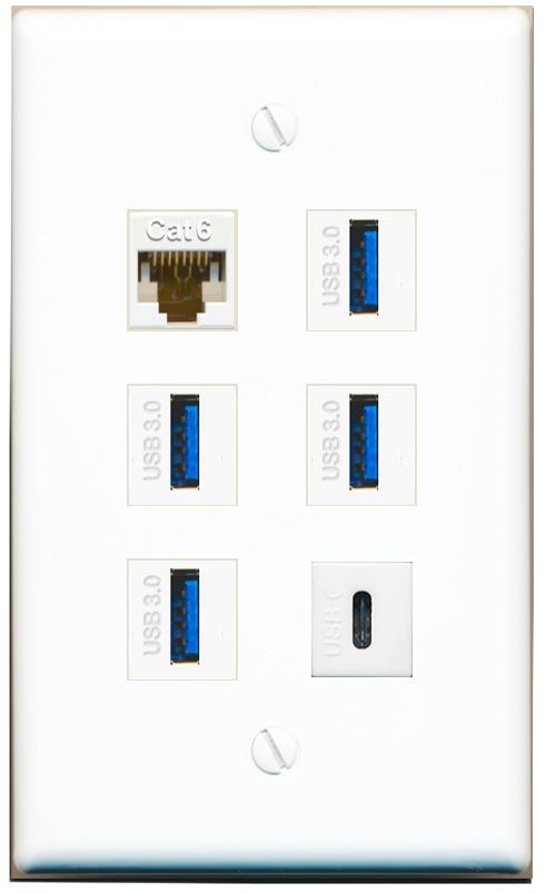  CAT6 4 USB-3 USBC Flat/Solid Wall Plate [White]