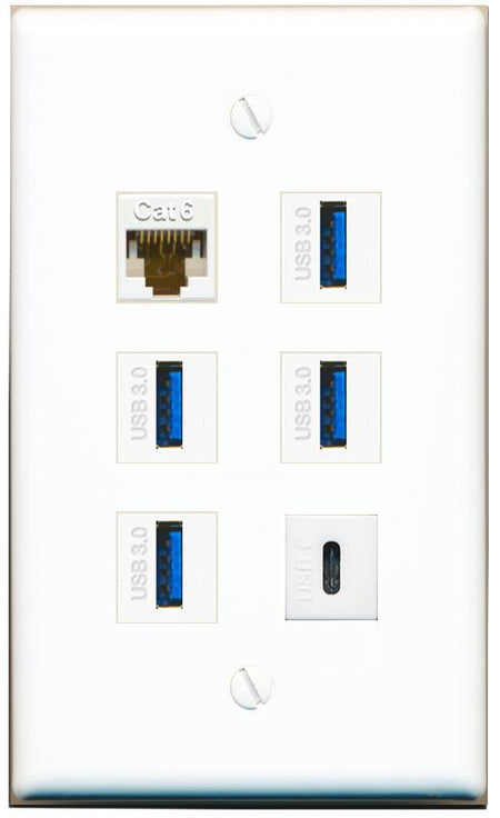  CAT6 4 USB-3 USBC Flat/Solid Wall Plate [White]
