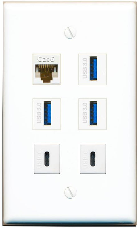  CAT6 3 USB-3 2 USBC Flat/Solid Wall Plate [White]