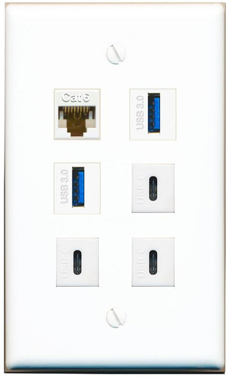  CAT6 2 USB-3 3 USBC Flat/Solid Wall Plate [White]