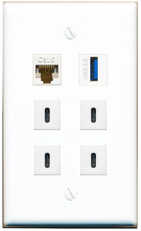  CAT6 USB-3 4 USBC Flat/Solid Wall Plate [White]