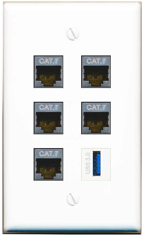  5 CAT7 USB-3 Flat/Solid Wall Plate [White]