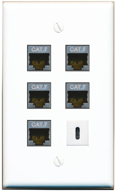  5 CAT7 USBC Flat/Solid Wall Plate [White]