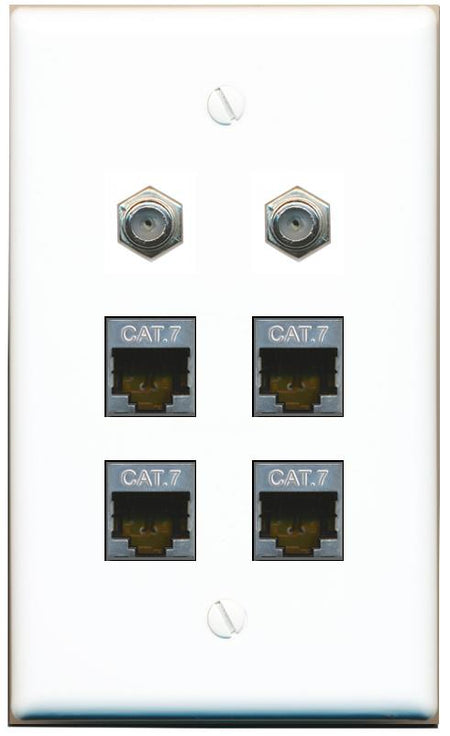  4 CAT7 2 COAX Flat/Solid Wall Plate [White]