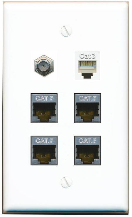  4 CAT7 COAX PHONE Flat/Solid Wall Plate [White]