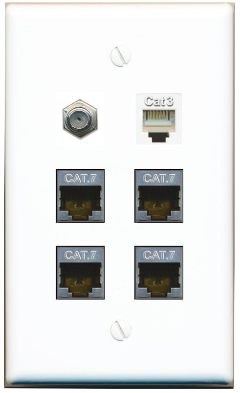  4 CAT7 COAX PHONE Flat/Solid Wall Plate [White]