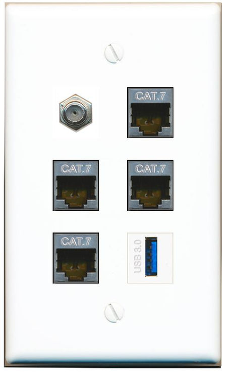  4 CAT7 COAX USB-3 Flat/Solid Wall Plate [White]
