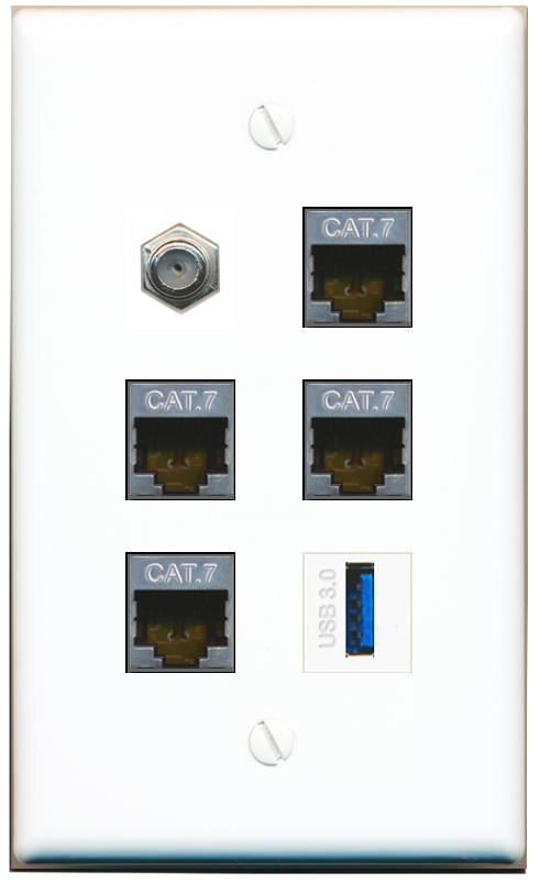  4 CAT7 COAX USB-3 Flat/Solid Wall Plate [White]
