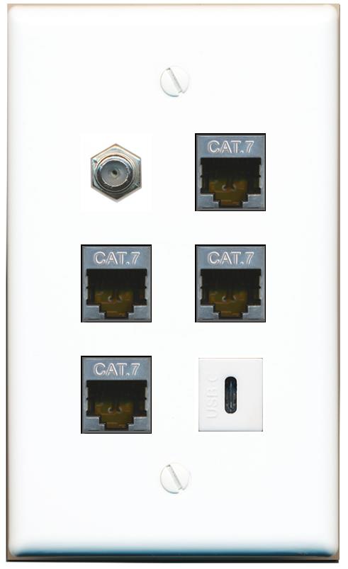  4 CAT7 COAX USBC Flat/Solid Wall Plate [White]