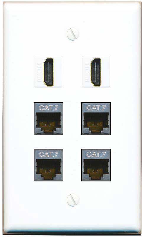  4 CAT7 2 HDMI Flat/Solid Wall Plate [White]