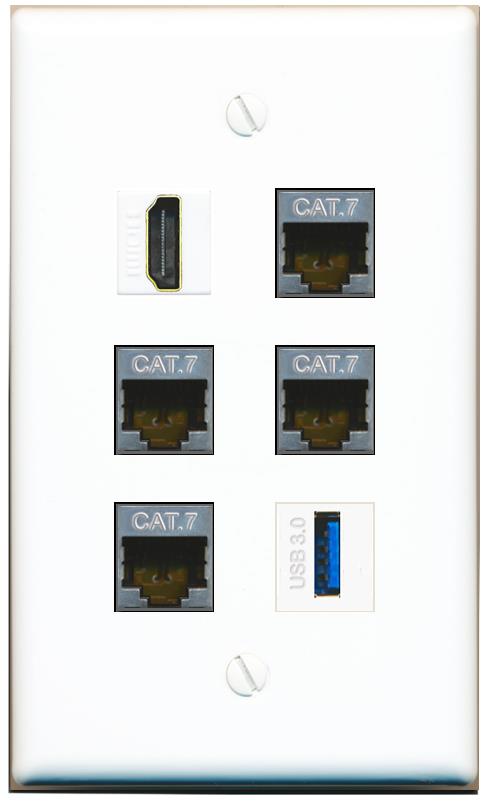  4 CAT7 HDMI USB-3 Flat/Solid Wall Plate [White]