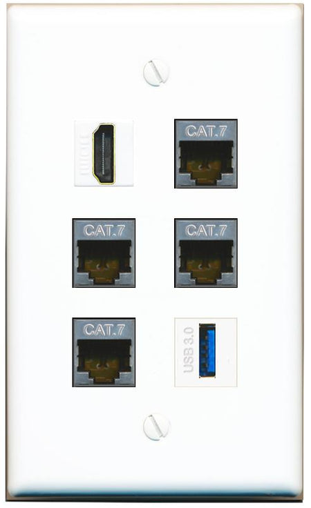  4 CAT7 HDMI USB-3 Flat/Solid Wall Plate [White]