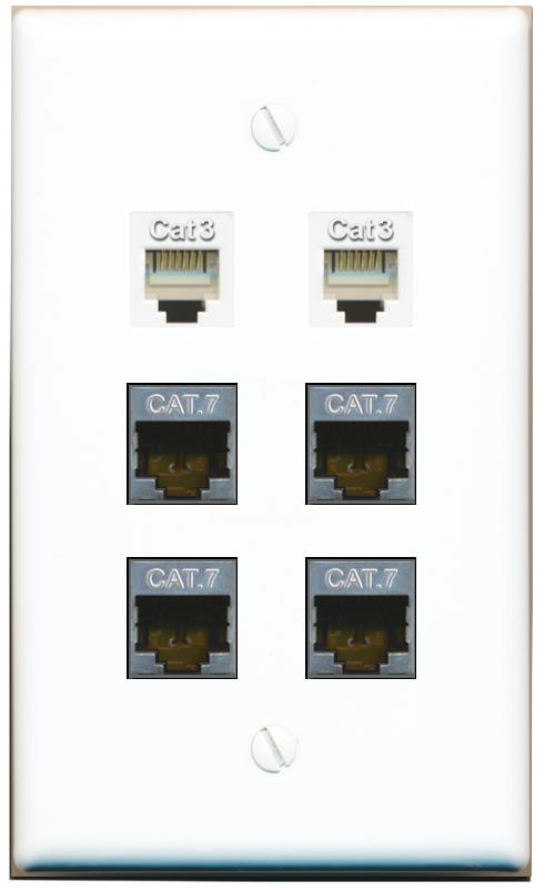  4 CAT7 2 PHONE Flat/Solid Wall Plate [White]