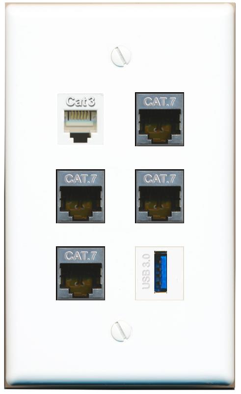  4 CAT7 PHONE USB-3 Flat/Solid Wall Plate [White]