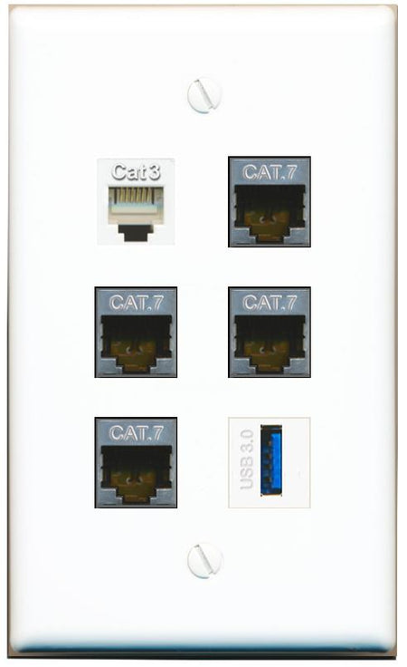  4 CAT7 PHONE USB-3 Flat/Solid Wall Plate [White]