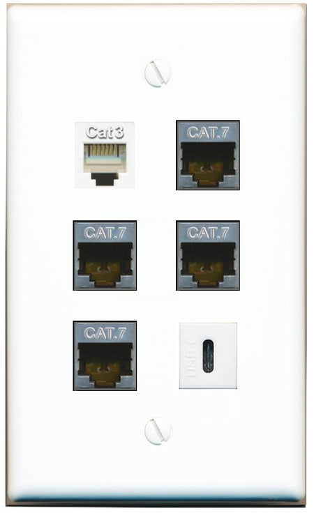  4 CAT7 PHONE USBC Flat/Solid Wall Plate [White]