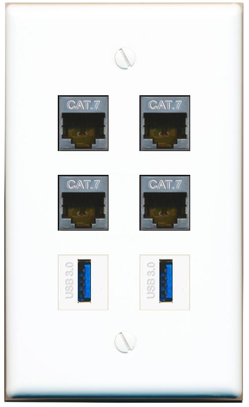  4 CAT7 2 USB-3 Flat/Solid Wall Plate [White]