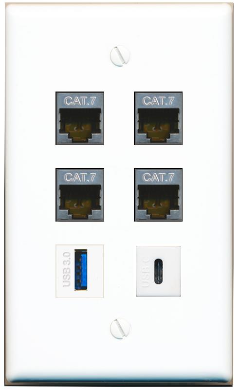  4 CAT7 USB-3 USBC Flat/Solid Wall Plate [White]