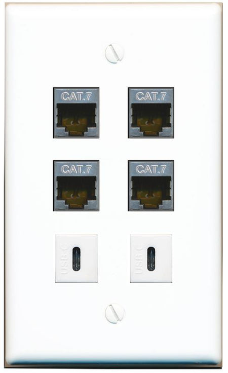  4 CAT7 2 USBC Flat/Solid Wall Plate [White]