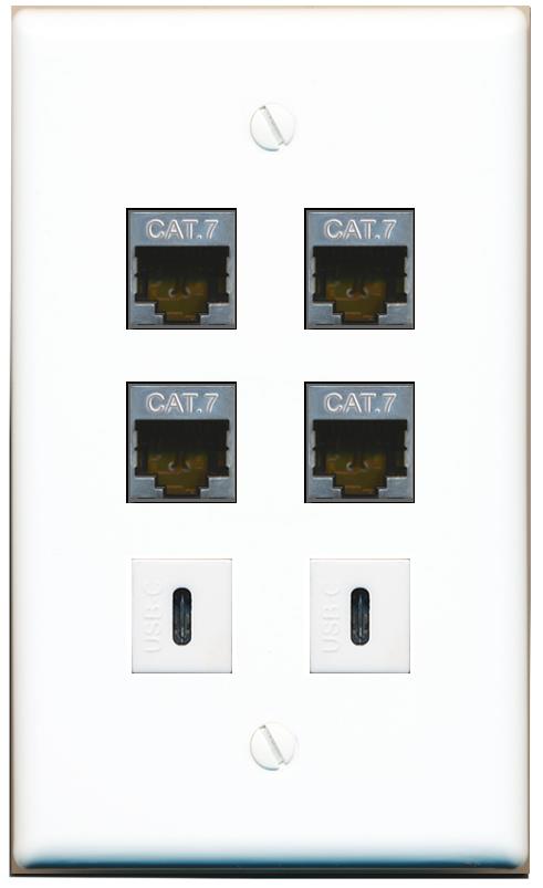  4 CAT7 2 USBC Flat/Solid Wall Plate [White]