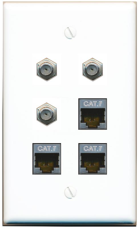  3 CAT7 3 COAX Flat/Solid Wall Plate [White]