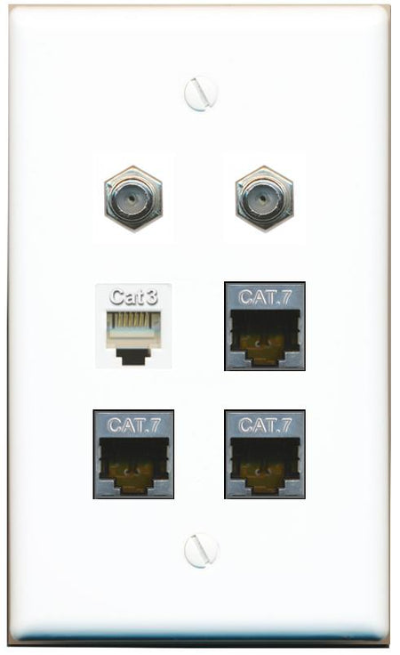  3 CAT7 2 COAX PHONE Flat/Solid Wall Plate [White]
