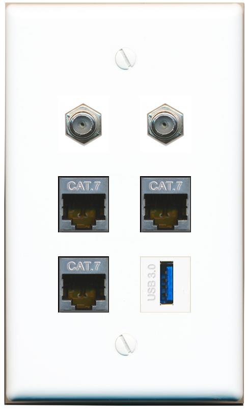  3 CAT7 2 COAX USB-3 Flat/Solid Wall Plate [White]