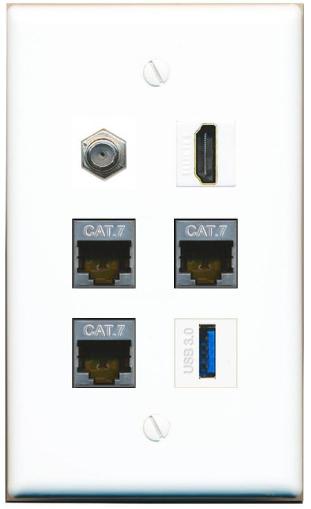  3 CAT7 COAX HDMI USB-3 Flat/Solid Wall Plate [White]