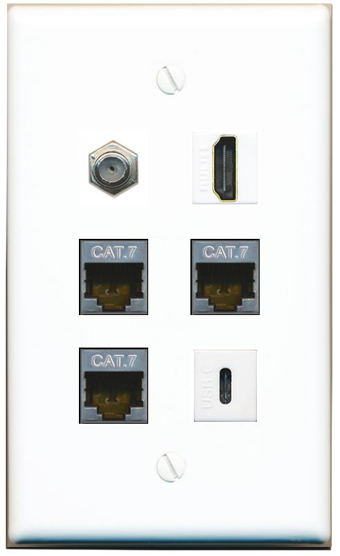  3 CAT7 COAX HDMI USBC Flat/Solid Wall Plate [White]