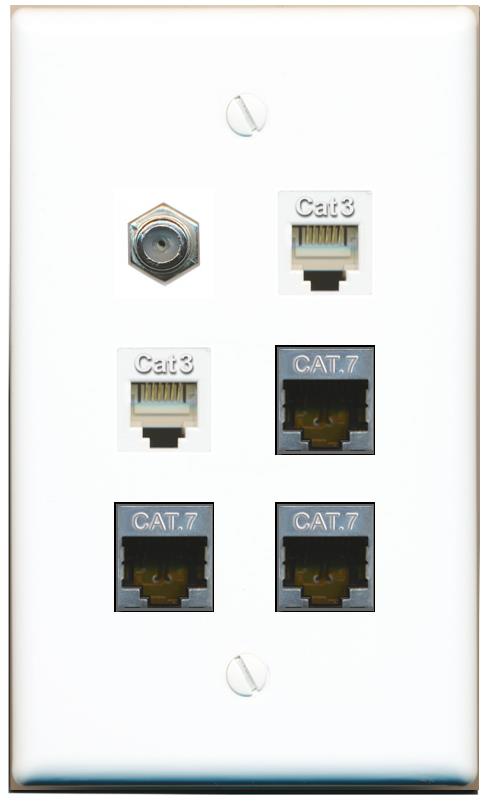  3 CAT7 COAX 2 PHONE Flat/Solid Wall Plate [White]