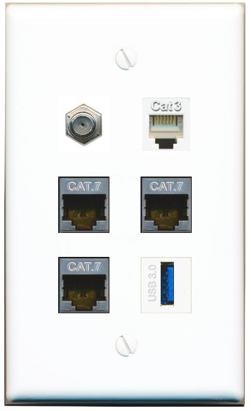  3 CAT7 COAX PHONE USB-3 Flat/Solid Wall Plate [White]