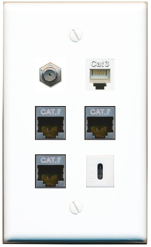  3 CAT7 COAX PHONE USBC Flat/Solid Wall Plate [White]