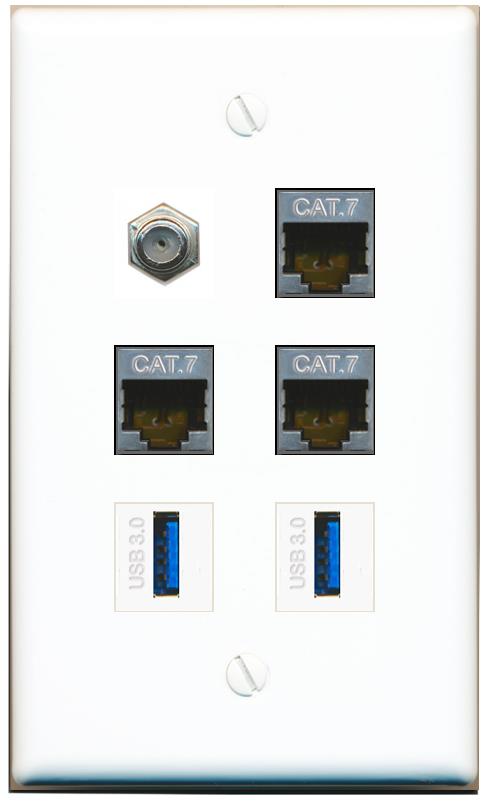  3 CAT7 COAX 2 USB-3 Flat/Solid Wall Plate [White]