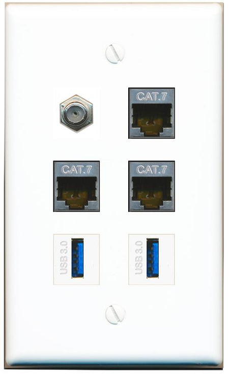  3 CAT7 COAX 2 USB-3 Flat/Solid Wall Plate [White]