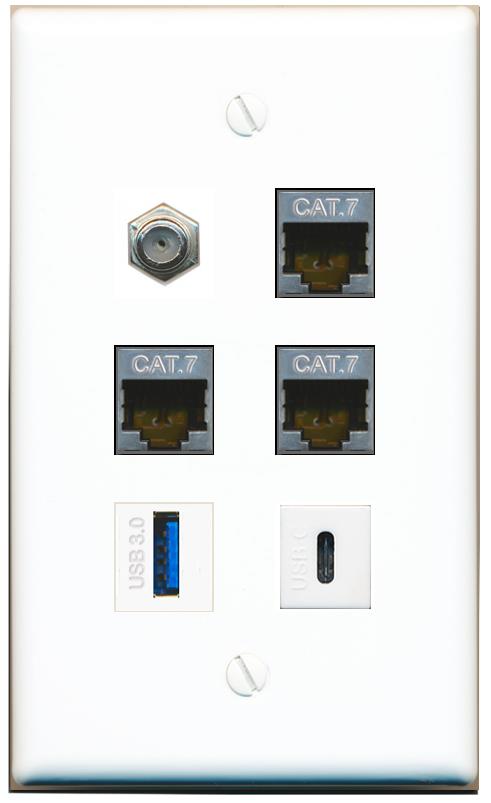  3 CAT7 COAX USB-3 USBC Flat/Solid Wall Plate [White]