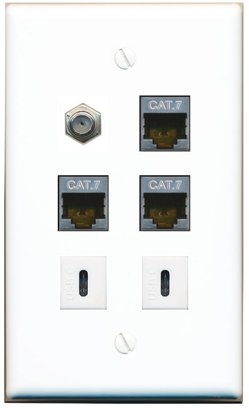  3 CAT7 COAX 2 USBC Flat/Solid Wall Plate [White]
